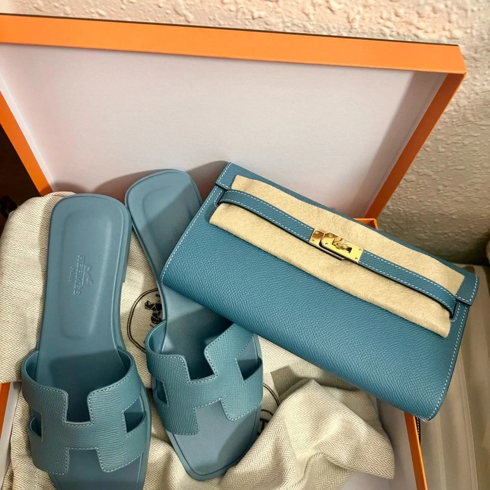 Brand New In Box Hermes blue mineral oran sandal 36.5 - Picture 6 of 6